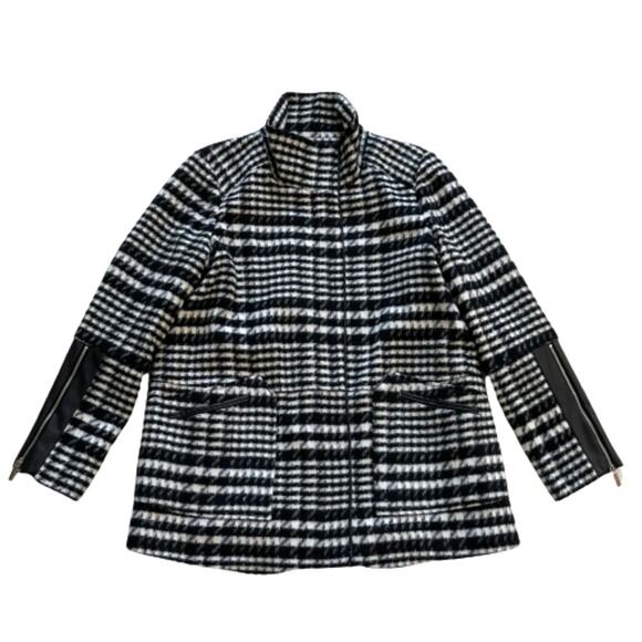 Rafaella Car Coat Black White Brushed Plaid Faux Leather Detail Outerwear Large - Picture 12 of 12
